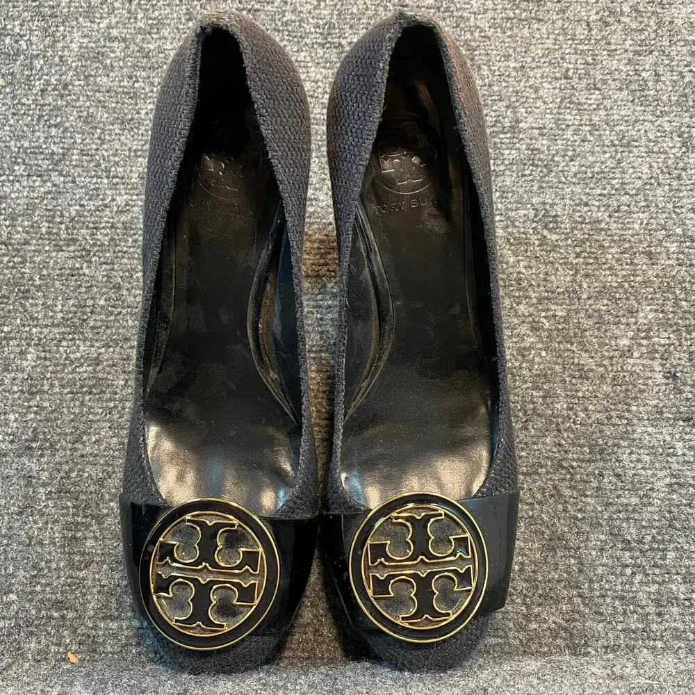 Tory Burch Black Tweed Block High Heel Pumps Gold Logo Hardware Womens 8
